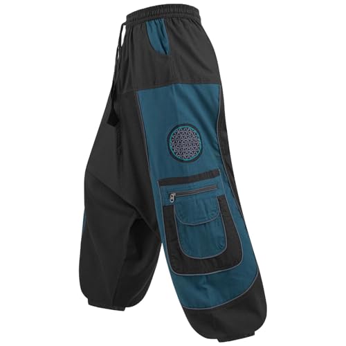Kunst und Magie Flower of Life Hippie Haremshose Goahose Cargohose, Größe:L/XL, Farbe:Schwarz/Petrol von Kunst und Magie