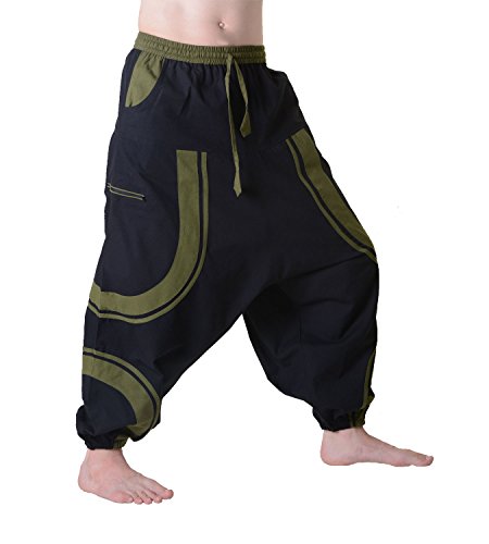 Kunst und Magie Herren-Sarouelhose in außergewöhnlichem Design - Patchwork Haremshose, Größe:L/XL, Farbe:Schwarz/Army Green von Kunst und Magie