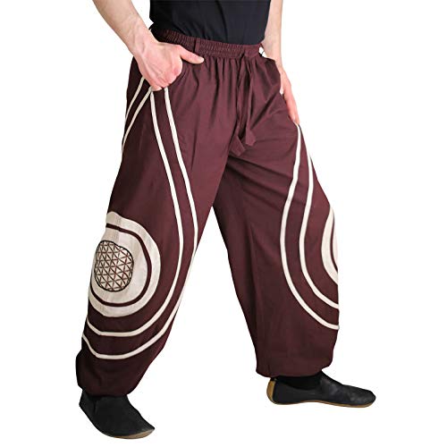 Kunst und Magie Hose Blume des Lebens Goa Hippiehose Pluderhose mit Kordelzug Gürtelschlaufen Haremshose Flower of Life, Größe:3XL, Farbe:Braun/Hanf von Kunst und Magie