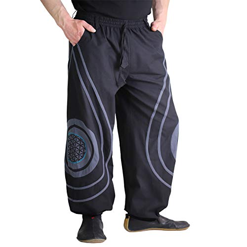 Kunst und Magie Hose Blume des Lebens Goa Hippiehose Pluderhose mit Kordelzug Gürtelschlaufen Haremshose Flower of Life, Größe:L/XL, Farbe:Schwarz/Grau von Kunst und Magie