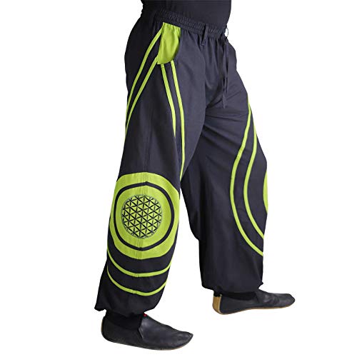 Kunst und Magie Hose Blume des Lebens Goa Hippiehose Pluderhose mit Kordelzug Gürtelschlaufen Haremshose Flower of Life, Größe:XXL, Farbe:Schwarz/Lemon von Kunst und Magie