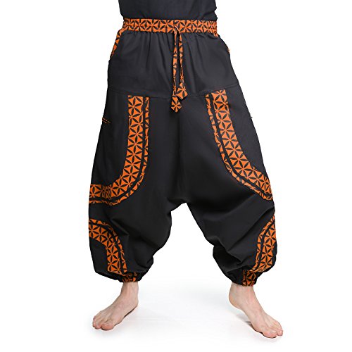 Kunst und Magie PSY Goa Freizeit Haremshose aus Baumwolle Unisex- Für Sie und Ihn, Größe:3XL, Farbe:Schwarz/Orange von Kunst und Magie
