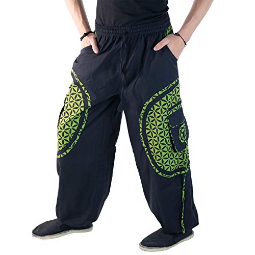 Kunst und Magie Unisex Trendige Baggyhose Bunte Muster Lebensblume Goa Hippiehose, Größe:3XL, Farbe:Schwarz/Lemon von Kunst und Magie