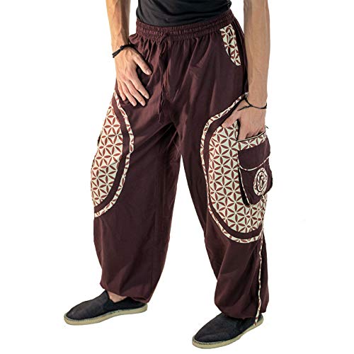 Kunst und Magie Unisex Trendige Baggyhose Bunte Muster Lebensblume Goa Hippiehose, Größe:4XL, Farbe:Braun/Hanf von Kunst und Magie