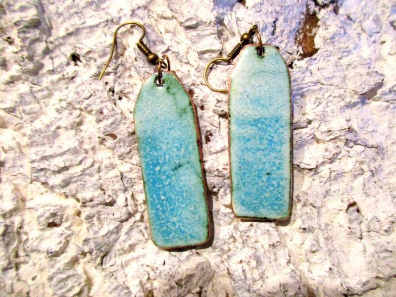 Handgearbeitete Ohrhänger Rechteckig "Krakelee - Blau Verschneit" No. 267 Emaille Auf Kupfer Handarbeit Unikat Emailliert von KunsthaeuschenDeling