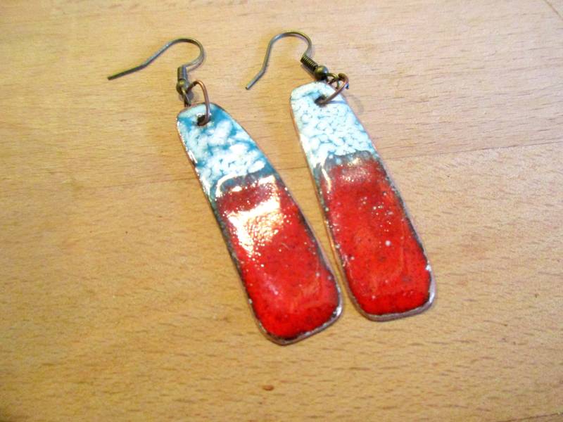 Handgearbeitete Ohrhänger Stäbchen Rot Weiß Blau No. 374 Hängeohrringe Emaille Auf Kupfer Handarbeit Unikat von KunsthaeuschenDeling