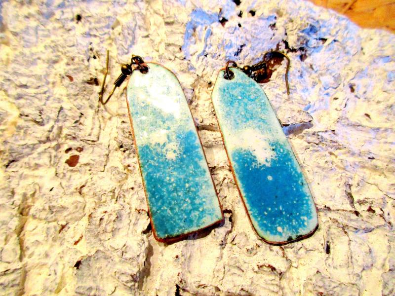 Ohrhänger Emaille No 320 Rechteck Blau-Weiß Auf Kupfer Handarbeit Unik von KunsthaeuschenDeling