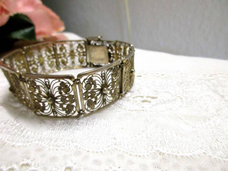 S 21 Feines Antikes, Vergoldetes Art Déco Jugendstil Silberarmband 18 cm X 1, 9 Filigranschmuck Gliederarmband 835 von KunsthaeuschenDeling