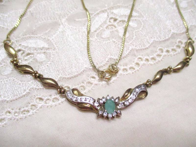 S 44 Traumstück Altes Collier Art Deco/Mid Century Silber 925 Vergoldet Hellgrüner Quarz Stein Strass Punziert von KunsthaeuschenDeling