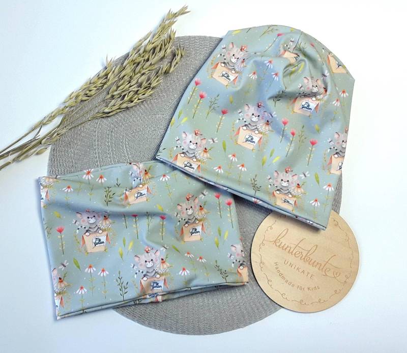 Beanie Loop Set Katze Kinder Baby, Hipster Schal Geschenk Baby Geburt, Mädchen, Junge von KunterbunteUnikate
