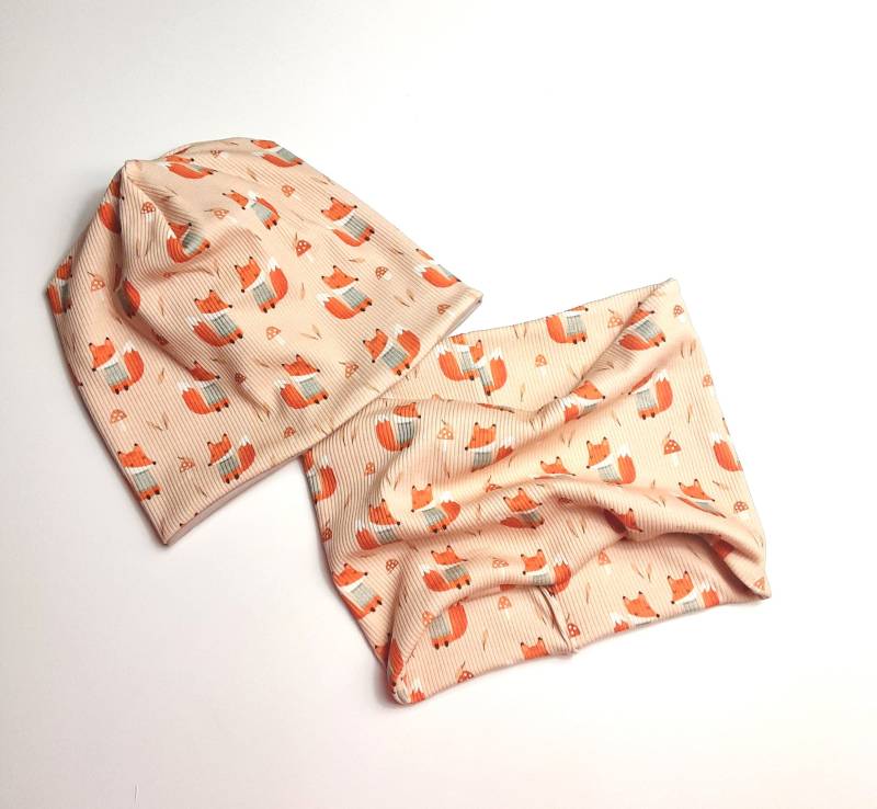 Beanie Loop Set Rib Jersey Fuchs Waldtiere Kinder Baby Hipster Schal Geschenk Geburt Mädchen Junge von KunterbunteUnikate
