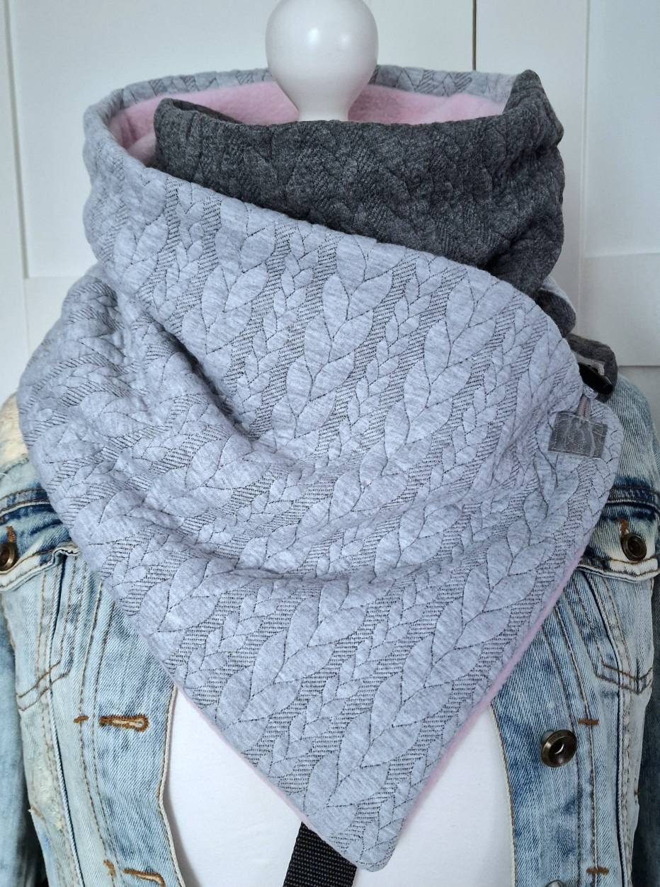 Schal Mit Knopf, Wickelschal, Rosa Grau Anthrazit, Strickoptik, Jersey Jaquard/ Fleece von KunterbuntesDesign