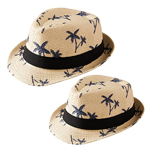 2 Stück Familien-passende Strohhüte Eltern-Kind-Schlapphut aufrollbarer Druck Sommer-Strandhut für Damen Herren Kinder beige von Kunyeah