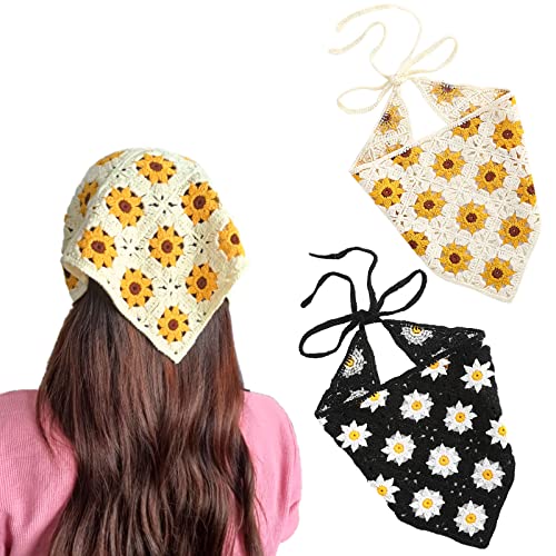 2 Stück Häkelhaar Bandana Floral Haar Schal Boho Kopftuch Vintage Stirnbänder Dreieck Haargummi Handgemachte Haarschmuck für Mädchen Frauen (Gelb/Schwarz) von Kunyeah