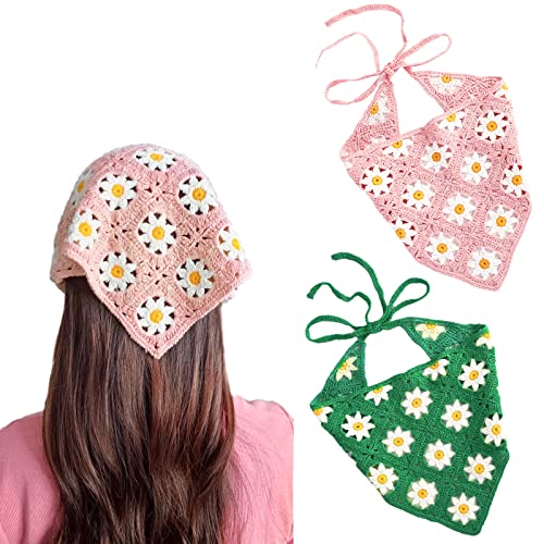 2 Stück Häkelhaar Bandana Floral Haar Schal Boho Kopftuch Vintage Stirnbänder Dreieck Haargummi Handgemachte Haarschmuck für Mädchen Frauen (Rosa/Grün) von Kunyeah
