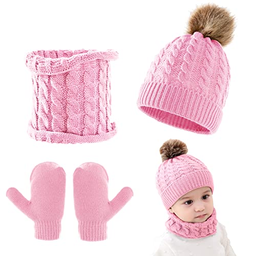 3-teiliges Baby-Beanie-Mütze Schal Handschuhe Strickmütze Winter warme Handschuhe Kleinkinder Halswärmer für Jungen und Mädchen 0–3 Jahre von Kunyeah