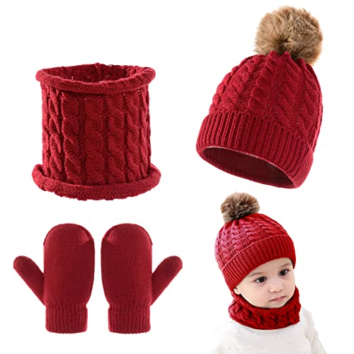 3-teiliges Baby-Beanie-Mütze Schal Handschuhe Strickmütze Winter warme Handschuhe Kleinkinder Halswärmer für Jungen und Mädchen 0–3 Jahre von Kunyeah