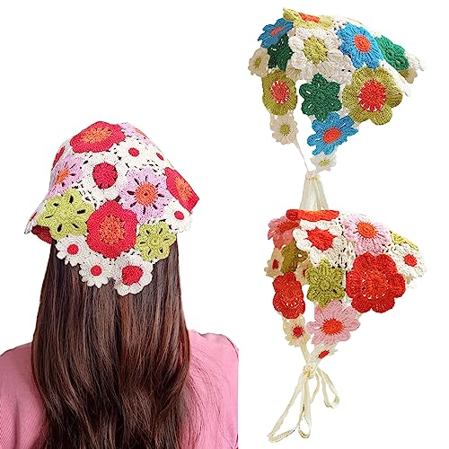 2 Stück gehäkeltes Haarbandana, Blumen-Haarschal, Boho-Kopftuch, Vintage-Stirnbänder, handgefertigt, Haargummi für Mädchen und Frauen, rot / blau, 1 Count (Pack of 1) von Kunyeah