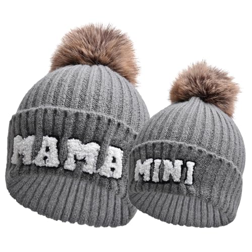 Kunyeah 2PCS Eltern-Kind Beanie Mütze Frauen Stickerei gestrickt Hut Mama und Baby Matching Hüte Winter Warm Cap mit Pom-Pom (DE/NL/SE/PL, Alphanumerisch, Einheitsgröße, Dunkelgrau) von Kunyeah