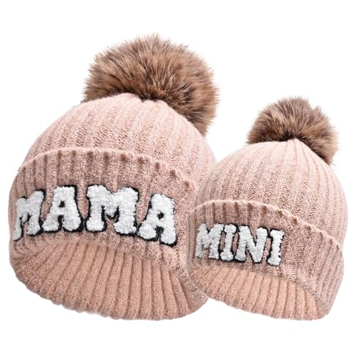 Kunyeah 2PCS Eltern-Kind Beanie Mütze Frauen Stickerei gestrickt Hut Mama und Baby Matching Hüte Winter Warm Cap mit Pom-Pom (DE/NL/SE/PL, Alphanumerisch, Einheitsgröße, Rosa) von Kunyeah