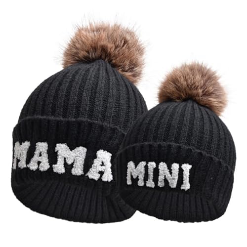 Kunyeah 2PCS Eltern-Kind Beanie Mütze Frauen Stickerei gestrickt Hut Mama und Baby Matching Hüte Winter Warm Cap mit Pom-Pom (DE/NL/SE/PL, Alphanumerisch, Einheitsgröße, Schwarz) von Kunyeah