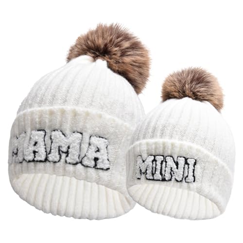 Kunyeah 2PCS Eltern-Kind Beanie Mütze Frauen Stickerei gestrickt Hut Mama und Baby Matching Hüte Winter Warm Cap mit Pom-Pom (DE/NL/SE/PL, Alphanumerisch, Einheitsgröße, Weiß) von Kunyeah