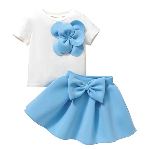 Kunyeah 2Pcs Baby Mädchen Sommerkleid Kleinkind gerippt Stricken Tops Bogen Tutu Röcke Kleinkind Blume Kleidung Outfit von Kunyeah