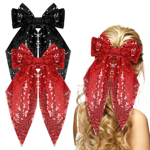 Kunyeah 2Pcs Mädchen Glitzerbogen Haarspange Frauen Große Schleife Haarknoten Glitzernde Schleife Haarspangen Vintage Französisch Haarnadel lange Spitze Stil Haar Zubehör (Rot/Schwarz) von Kunyeah