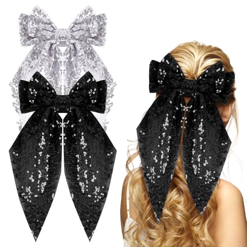 Kunyeah 2Pcs Mädchen Glitzerbogen Haarspange Frauen Große Schleife Haarknoten Glitzernde Schleife Haarspangen Vintage Französisch Haarnadel lange Spitze Stil Haar Zubehör (Schwarz/Silber) von Kunyeah