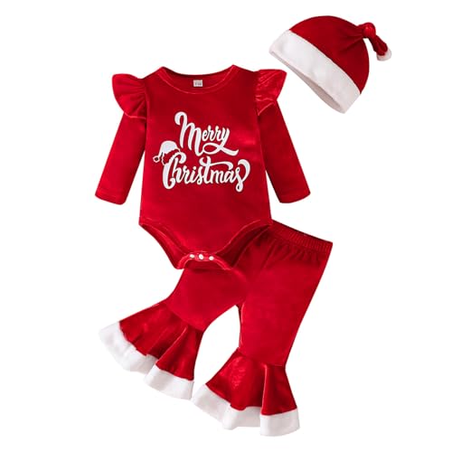 Kunyeah 3PCS Baby Mädchen Weihnachtsoutfits My 1st Christmas Kleidung Kleinkind Samt Strampler Oberteile Bell Bottoms Hose Weihnachtsmütze (Rot, 9-12 Monate) von Kunyeah