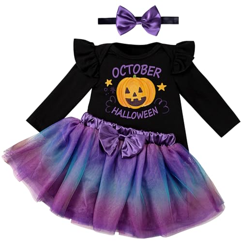 Kunyeah 3Pcs Baby Mädchen Halloween Outfit Kleinkind Druck Strampler Kleid Bogen Tutu Rock mit Stirnband Neugeborenes Thanksgiving Bodysuit (Lila, 6-9Monate) von Kunyeah
