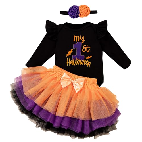 Kunyeah 3Pcs Baby Mädchen Halloween Outfit Kleinkind Druck Strampler Kleid Bogen Tutu Rock mit Stirnband Neugeborenes Thanksgiving Bodysuit (My First, 12-18Monate) von Kunyeah