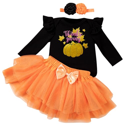 Kunyeah 3Pcs Baby Mädchen Halloween Outfit Kleinkind Druck Strampler Kleid Bogen Tutu Rock mit Stirnband Neugeborenes Thanksgiving Bodysuit (Orange, 9-12Monate) von Kunyeah