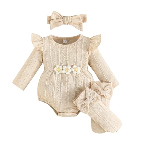 Kunyeah 3Pcs Baby Mädchen Outfits Kleinkind Ruffle Strampler Langarm Bodysuit+Bow Haarband+Socken Neugeborenes Blume Jumpsuit (Beige, 0-3 Monate) von Kunyeah