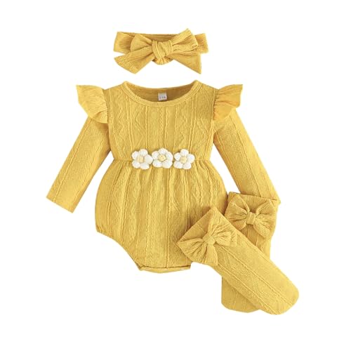 Kunyeah 3Pcs Baby Mädchen Outfits Kleinkind Ruffle Strampler Langarm Bodysuit+Bow Haarband+Socken Neugeborenes Blume Jumpsuit (Gelb, 3-6 Monate) von Kunyeah