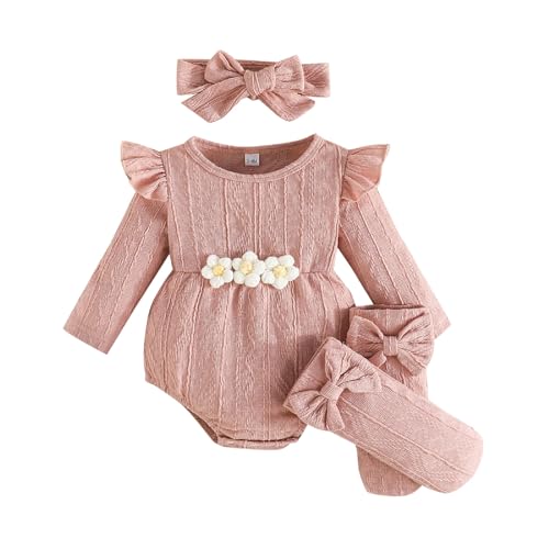Kunyeah 3Pcs Baby Mädchen Outfits Kleinkind Ruffle Strampler Langarm Bodysuit+Bow Haarband+Socken Neugeborenes Blume Jumpsuit (Rosa, 0-3 Monate) von Kunyeah
