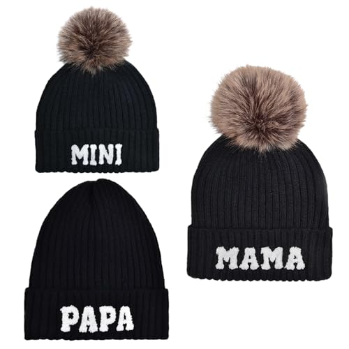 Kunyeah 3Pcs Eltern-Kind Beanie Hut Mama Papa Baby Matching Hüte Winter warme Mütze mit Bommel Frauen Männer gestrickte Mütze (DE/NL/SE/PL, Alphanumerisch, Einheitsgröße, Schwarz) von Kunyeah