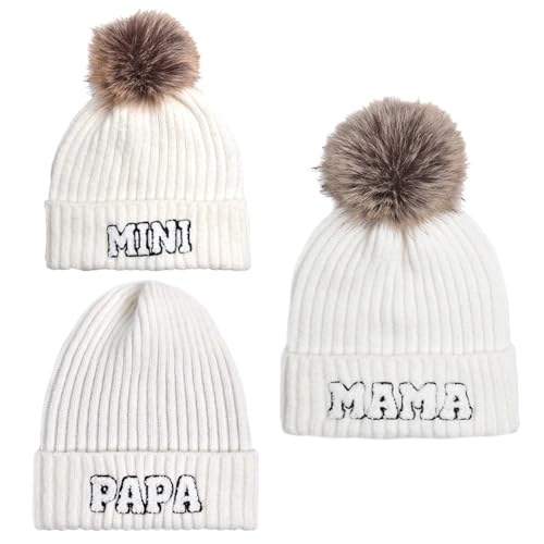 Kunyeah 3Pcs Eltern-Kind Beanie Hut Mama Papa Baby Matching Hüte Winter warme Mütze mit Bommel Frauen Männer gestrickte Mütze (DE/NL/SE/PL, Alphanumerisch, Einheitsgröße, Weiß) von Kunyeah