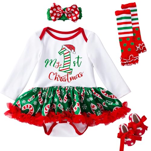 Kunyeah Baby Mädchen Erstes Weihnachtsoutfit Neugeborener Strampler Tutu Kleid Säuglingsweihnachtsrock mit Schuhen Stirnband Beinwärmer von Kunyeah