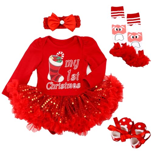 Kunyeah Baby Mädchen Erstes Weihnachtsoutfit Neugeborener Strampler Tutu Kleid Säuglingsweihnachtsrock mit Schuhen Stirnband Beinwärmer von Kunyeah