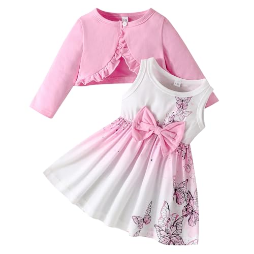 Kunyeah Baby Mädchen Kleid und Strickjacke Set Kleinkind Ruffle Shrug Mantel Schmetterling Print Rock Kleinkind Langarm Outfit von Kunyeah