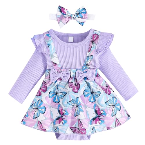 Kunyeah Baby Mädchen Kleidung Outfit Säugling gerippt Bodysuit Langarm Schmetterling Druck Strampler Kleid Neugeborenen Rock mit Stirnband von Kunyeah