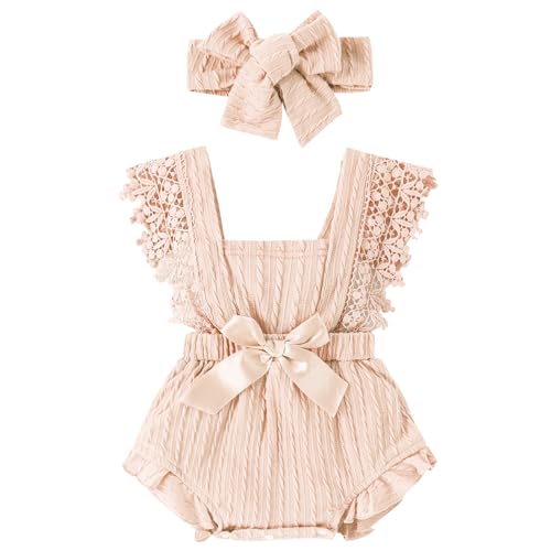 Kunyeah Baby Mädchen Spitze Strampler Neugeborenes Rüschen ärmelloses Bodysuit mit Stirnband Kleinkind Sommerkleidung von Kunyeah