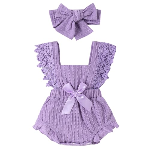 Kunyeah Baby Mädchen Spitze Strampler Neugeborenes Rüschen ärmelloses Onesie mit Stirnband Kleinkind Sommerkleidung von Kunyeah