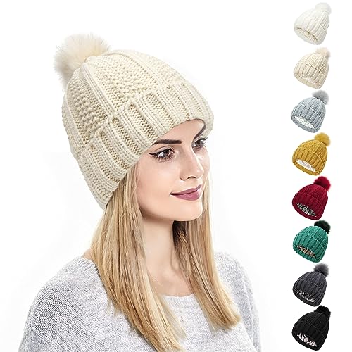 Kunyeah Damen Winter Beanie Mütze Strickmütze mit Pompon Satin Seide gefüttert Hut Warm Einfarbig Hut für Frauen Mädchen von Kunyeah