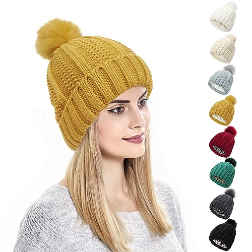 Kunyeah Damen Winter Beanie Mütze Strickmütze mit Pompon Satin Seide gefüttert Hut Warm Einfarbig Hut für Frauen Mädchen von Kunyeah
