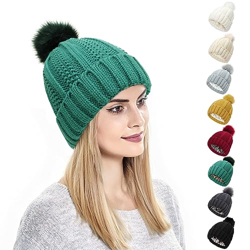 Kunyeah Damen Winter Beanie Mütze Strickmütze mit Pompon Satin Seide gefüttert Hut Warm Einfarbig Hut für Frauen Mädchen von Kunyeah