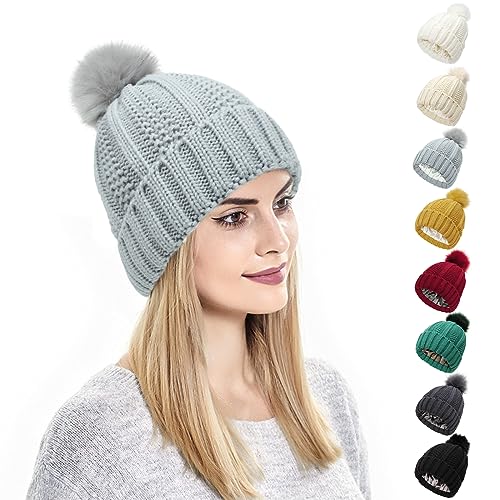 Kunyeah Damen Winter Beanie Mütze Strickmütze mit Pompon Satin Seide gefüttert Hut Warm Einfarbig Hut für Frauen Mädchen von Kunyeah