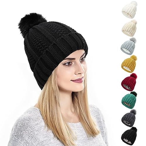 Kunyeah Damen Winter Beanie Mütze Strickmütze mit Pompon Satin Seide gefüttert Hut Warm Einfarbig Hut für Frauen Mädchen von Kunyeah