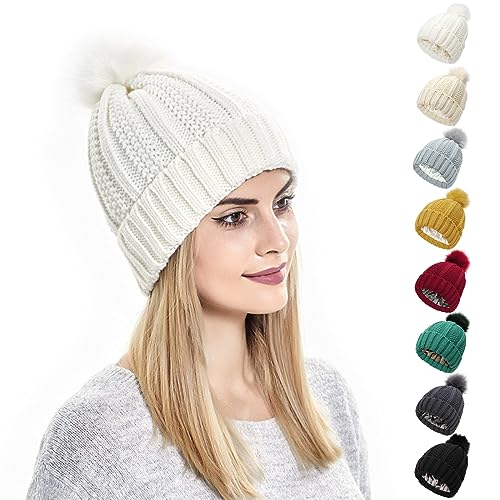 Kunyeah Damen Winter Beanie Mütze Strickmütze mit Pompon Satin Seide gefüttert Hut Warm Einfarbig Hut für Frauen Mädchen von Kunyeah